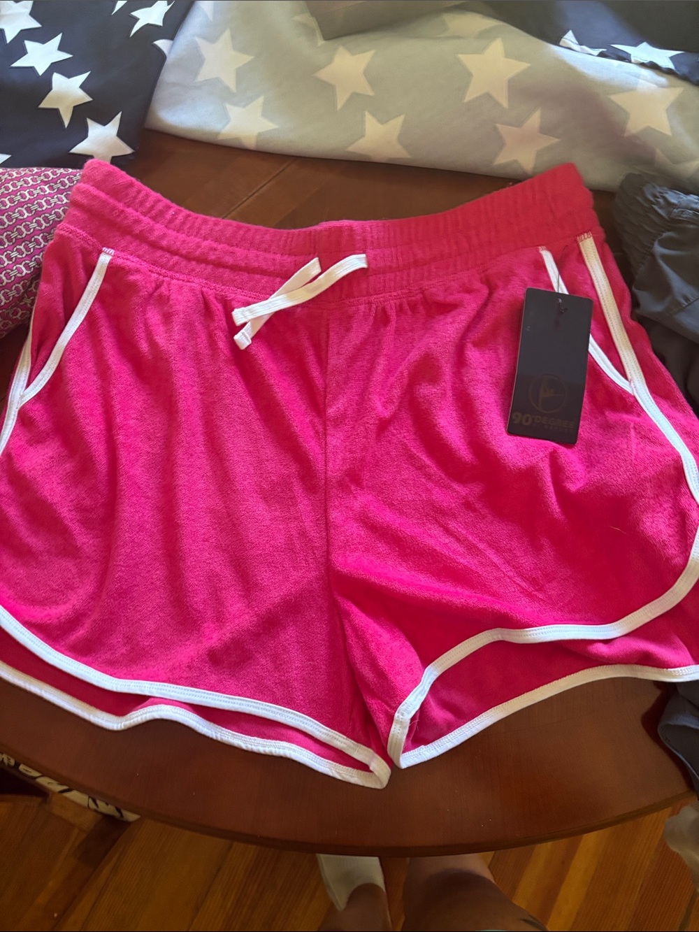 90 Degree By Reflex Hot Pink Terry Drawstring Shorts with White Trim